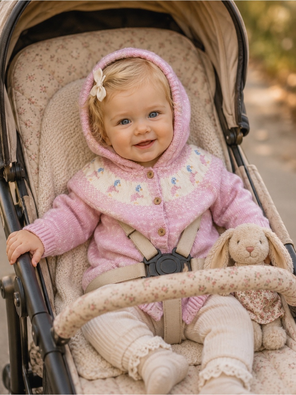 6/12M - PETER RABBIT X JOJO -Pink Hooded Baby Cardigan  Pastel Fair Isle Yoke